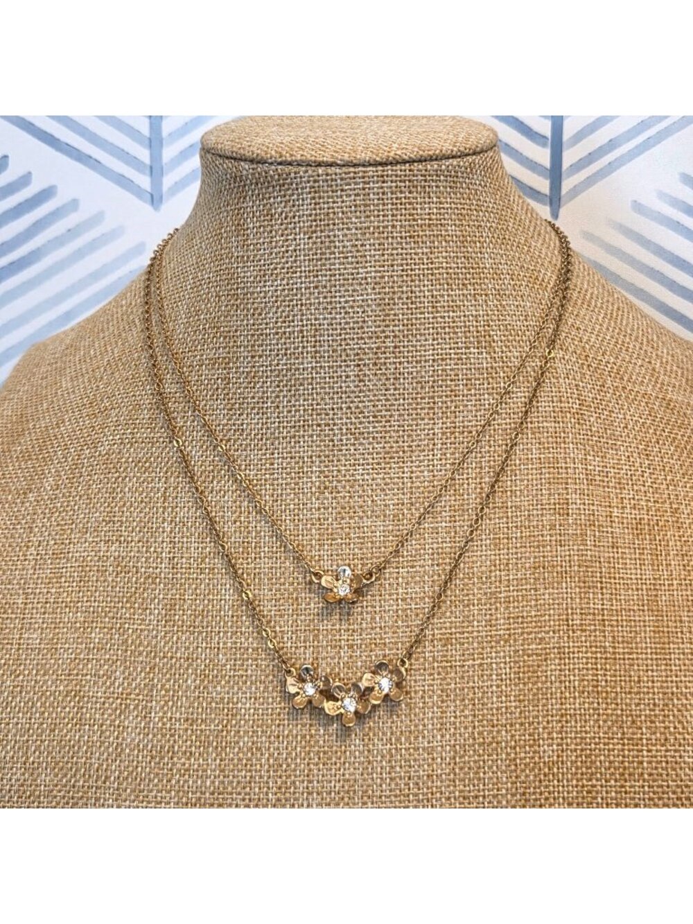 Taramanda Gold Tone Floral 18" Double Strand Layered Necklace W Rhinestones